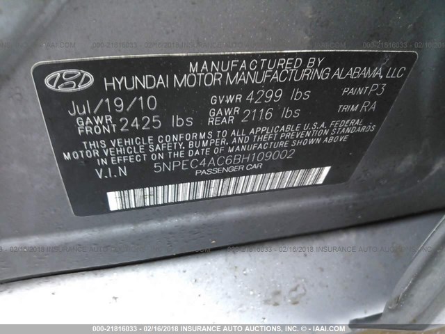 5NPEC4AC6BH109002 - 2011 HYUNDAI SONATA SE/LIMITED GRAY photo 9