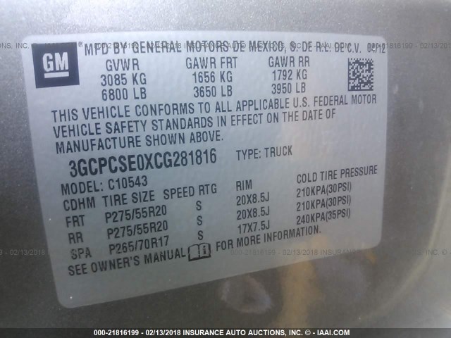 3GCPCSE0XCG281816 - 2012 CHEVROLET SILVERADO C1500 LT SILVER photo 9