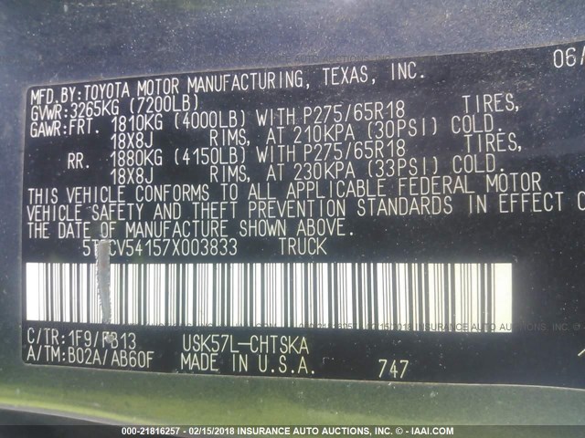 5TFCV54157X003833 - 2007 TOYOTA TUNDRA DOUBLE CAB SR5 GRAY photo 9