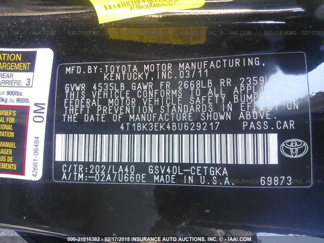 4T1BK3EK4BU629217 - 2011 TOYOTA CAMRY SE/LE/XLE BLACK photo 9