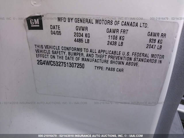 2G4WC532751307250 - 2005 BUICK LACROSSE CX WHITE photo 9