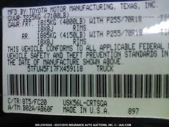 5TFUW5F17FX459118 - 2015 TOYOTA TUNDRA DOUBLE CAB SR/SR5 BLUE photo 9