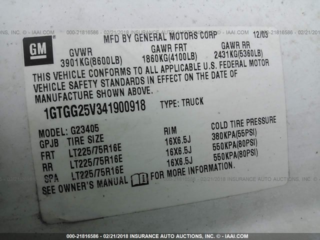 1GTGG25V341900918 - 2004 GMC SAVANA G2500 WHITE photo 9