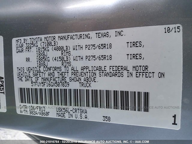 5TFUY5F16GX507039 - 2016 TOYOTA TUNDRA DOUBLE CAB SR/SR5 SILVER photo 9