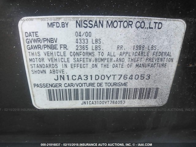 JN1CA31D0YT764053 - 2000 NISSAN MAXIMA GLE/GXE/SE GREEN photo 9