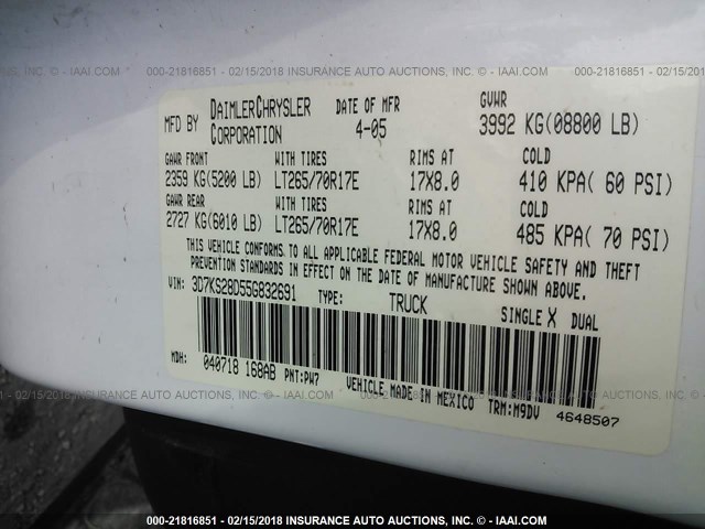 3D7KS28D55G832691 - 2005 DODGE RAM 2500 ST/SLT WHITE photo 9