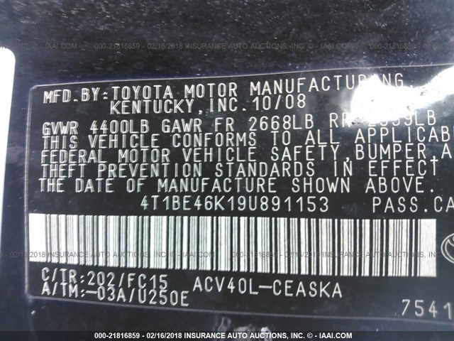 4T1BE46K19U891153 - 2009 TOYOTA CAMRY SE/LE/XLE 黑色 照片 9