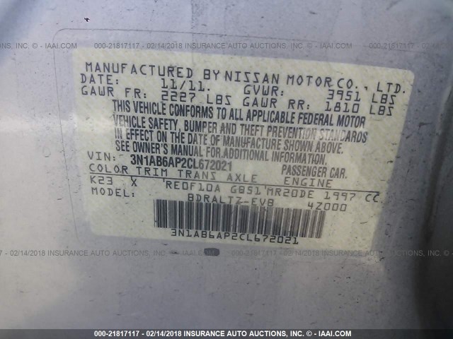 3N1AB6AP2CL672021 - 2012 NISSAN SENTRA 2.0/2.0S/SR/2.0SL SILVER photo 9