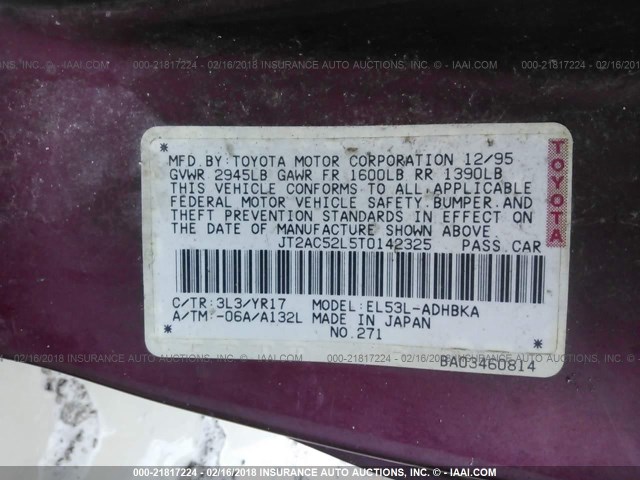 JT2AC52L5T0142325 - 1996 TOYOTA TERCEL STD/DX MAROON photo 9