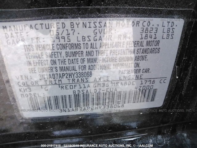 3N1AB7AP2HY338068 - 2017 NISSAN SENTRA S/SV/SR/SL BLACK photo 9