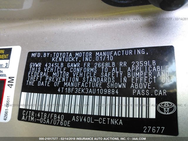 4T1BF3EK3AU109884 - 2010 TOYOTA CAMRY SE/LE/XLE GOLD photo 9