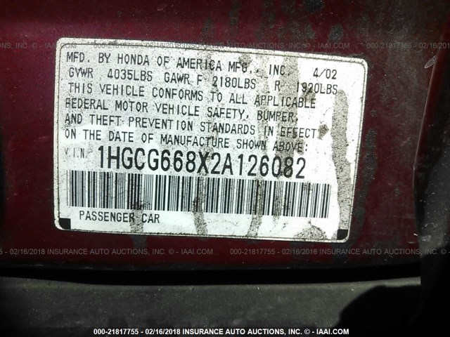 1HGCG668X2A126082 - 2002 HONDA ACCORD EX/SE RED photo 9