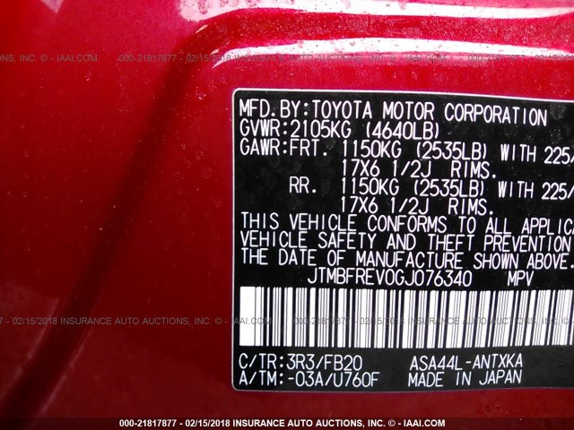 JTMBFREV0GJ076340 - 2016 TOYOTA RAV4 LE RED photo 9