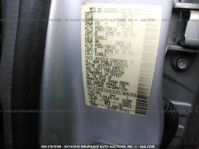 5N1ED28T24C653028 - 2004 NISSAN XTERRA XE/SE SILVER photo 9