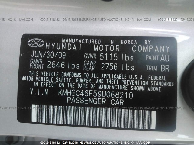 KMHGC46F59U068210 - 2009 HYUNDAI GENESIS 4.6L SILVER photo 9