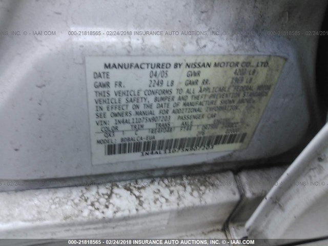 1N4AL11D75N907203 - 2005 NISSAN ALTIMA S/SL WHITE photo 9