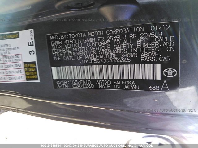 JTKJF5C73C3036365 - 2012 TOYOTA SCION TC 灰色 照片 9