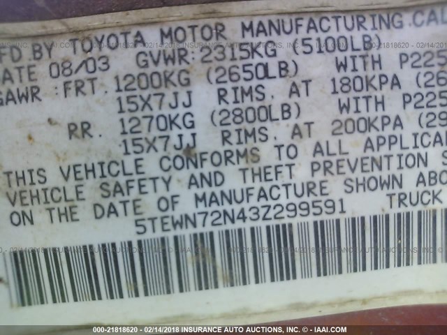 5TEWN72N43Z299591 - 2003 TOYOTA TACOMA XTRACAB MAROON photo 9