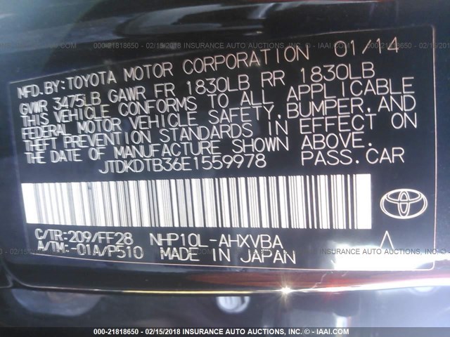 JTDKDTB36E1559978 - 2014 TOYOTA PRIUS C BLACK photo 9