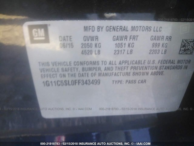 1G11C5SL0FF343499 - 2015 CHEVROLET MALIBU 1LT 黑色 照片 9