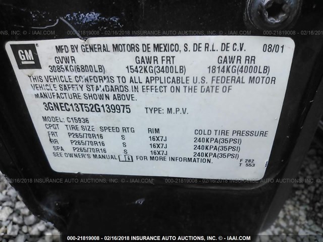 3GNEC13T52G139975 - 2002 CHEVROLET AVALANCHE C1500 BLACK photo 9