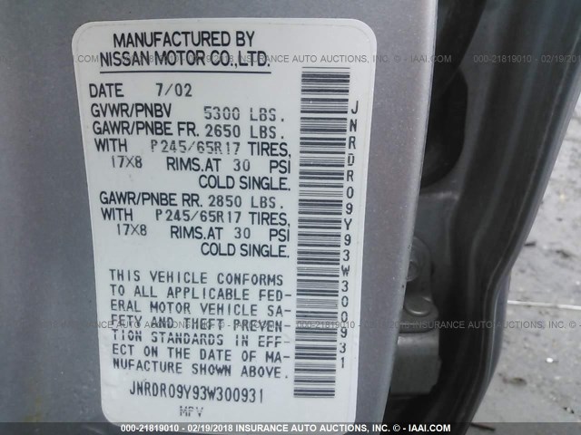 JNRDR09Y93W300931 - 2003 INFINITI QX4 SILVER photo 9