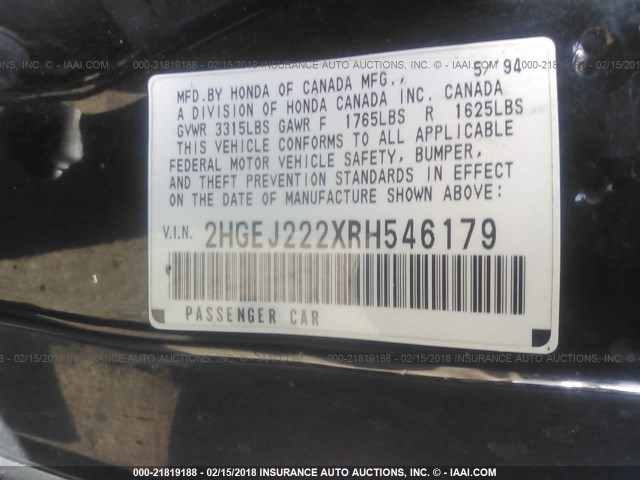 2HGEJ222XRH546179 - 1994 HONDA CIVIC DX Qara foto 9