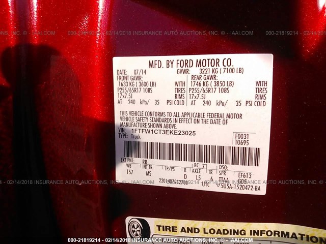 1FTFW1CT3EKE23025 - 2014 FORD F150 SUPERCREW RED photo 9