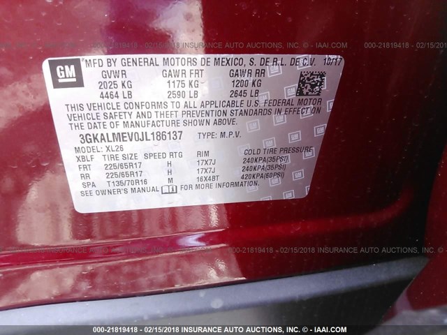 3GKALMEV0JL186137 - 2018 GMC TERRAIN SLE RED photo 9