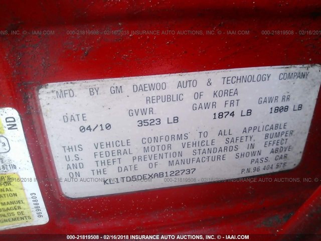 KL1TD5DEXAB122737 - 2010 CHEVROLET AVEO LS/LT 红色 照片 9