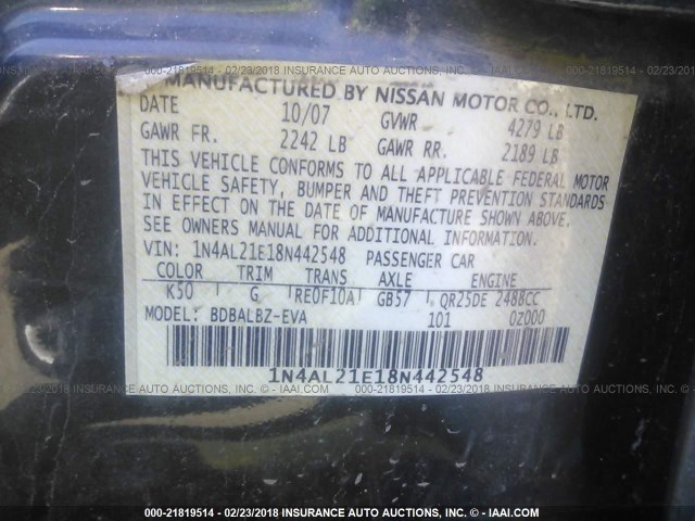 1N4AL21E18N442548 - 2008 NISSAN ALTIMA 2.5/2.5S GRAY photo 9