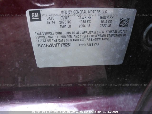 1G11F5SL1FF175251 - 2015 CHEVROLET MALIBU LTZ მუქწითელი ფოტო 9