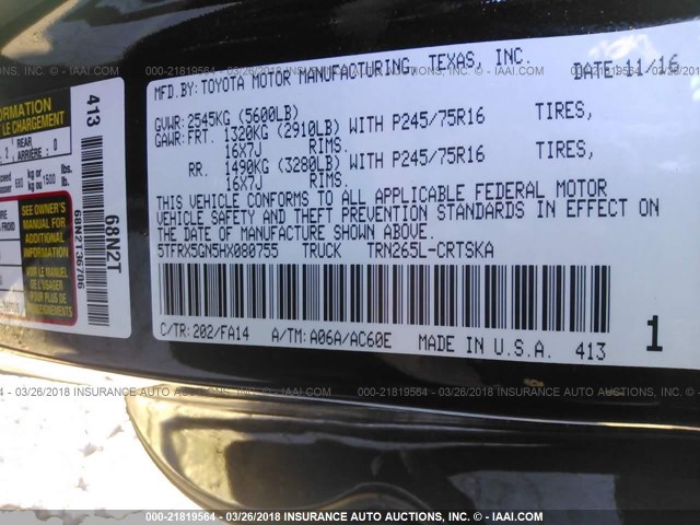 5TFRX5GN5HX080755 - 2017 TOYOTA TACOMA ACCESS CAB/SR/SR5 GRAY photo 9