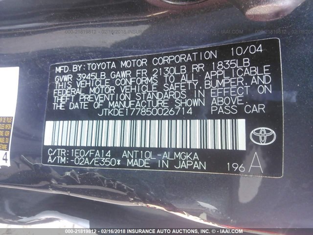 JTKDE177850026714 - 2005 TOYOTA SCION TC 灰色 照片 9