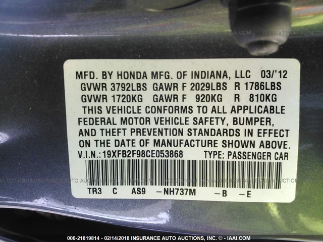 19XFB2F98CE053868 - 2012 HONDA CIVIC EXL GRAY photo 9