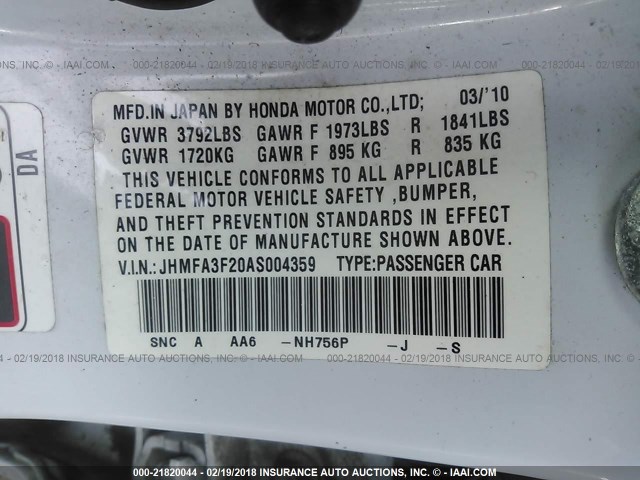 JHMFA3F20AS004359 - 2010 HONDA CIVIC HYBRID WHITE photo 9