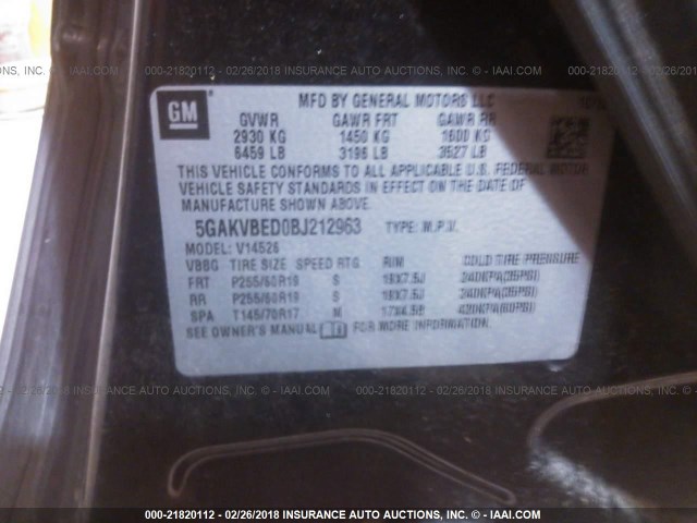 5GAKVBED0BJ212963 - 2011 BUICK ENCLAVE CXL 黑色 照片 9