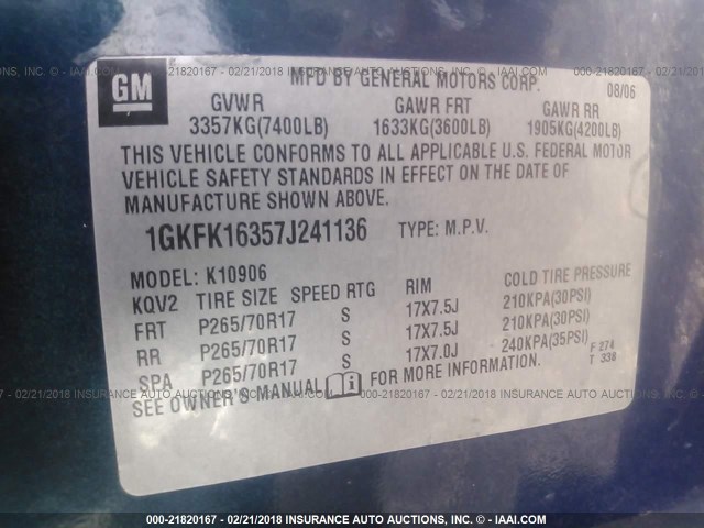 1GKFK16357J241136 - 2007 GMC YUKON XL K1500 BLUE photo 9