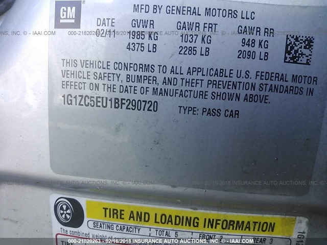 1G1ZC5EU1BF290720 - 2011 CHEVROLET MALIBU 1LT 银色 照片 9