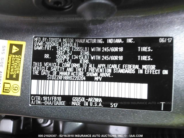 5TDZZRFH8HS220204 - 2017 TOYOTA HIGHLANDER LE/LE PLUS GRAY photo 9