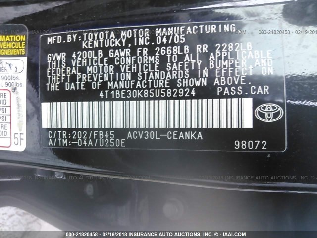 4T1BE30K85U582924 - 2005 TOYOTA CAMRY LE/XLE/SE BLACK photo 9