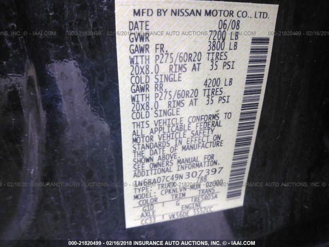 1N6BA07C49N307397 - 2009 NISSAN TITAN XE/SE/LE/PRO-4X BLACK photo 9