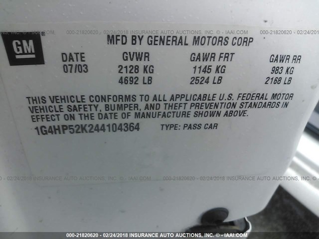 1G4HP52K244104364 - 2004 BUICK LESABRE CUSTOM WHITE photo 9