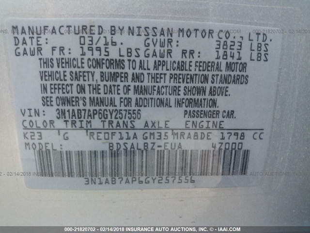 3N1AB7AP6GY257556 - 2016 NISSAN SENTRA S/SV/SR/SL SILVER photo 9