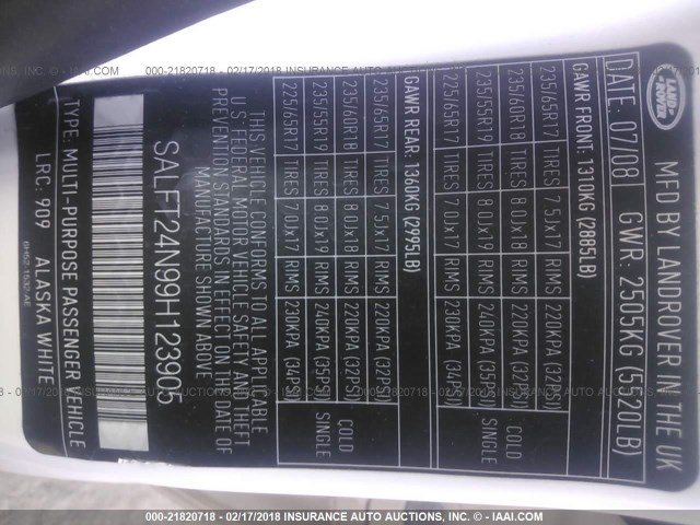 SALFT24N99H123905 - 2009 LAND ROVER LR2 HSE TECHNOLOGY WHITE photo 9