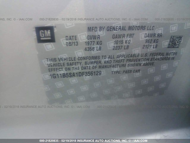 1G11B5SA1DF356129 - 2013 CHEVROLET MALIBU LS ვერცხლისფერი ფოტო 9