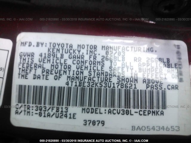 4T1BE32K53U178621 - 2003 TOYOTA CAMRY LE/XLE/SE RED photo 9