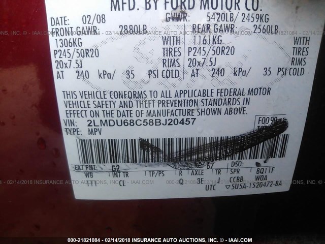 2LMDU68C58BJ20457 - 2008 LINCOLN MKX RED photo 9