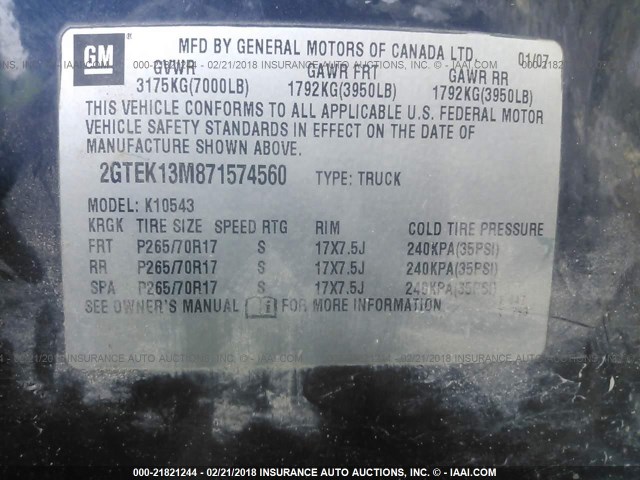 2GTEK13M871574560 - 2007 GMC NEW SIERRA K1500 BLUE photo 9