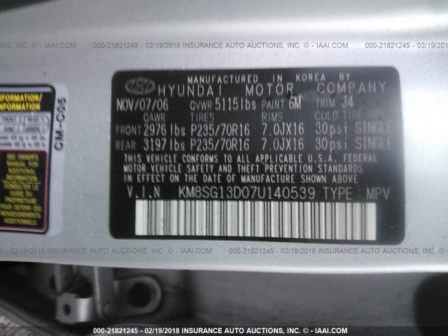 KM8SG13D07U140539 - 2007 HYUNDAI SANTA FE GLS SILVER photo 9